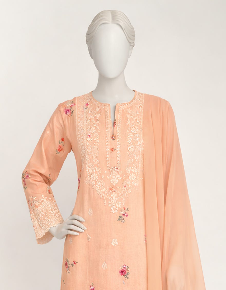 PEACH LAWN SILK SCHIFFLI STITCHED 3PC