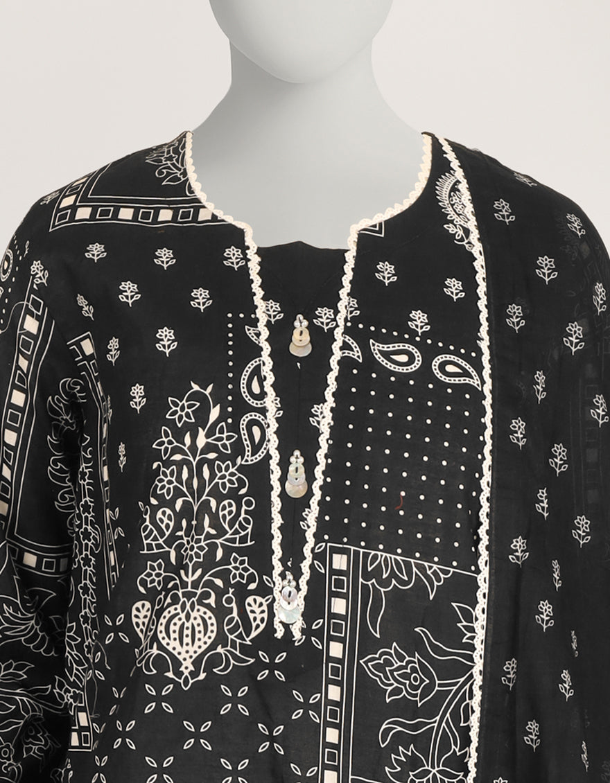 BLACK LAWN PRINTED STITCHED 3PC