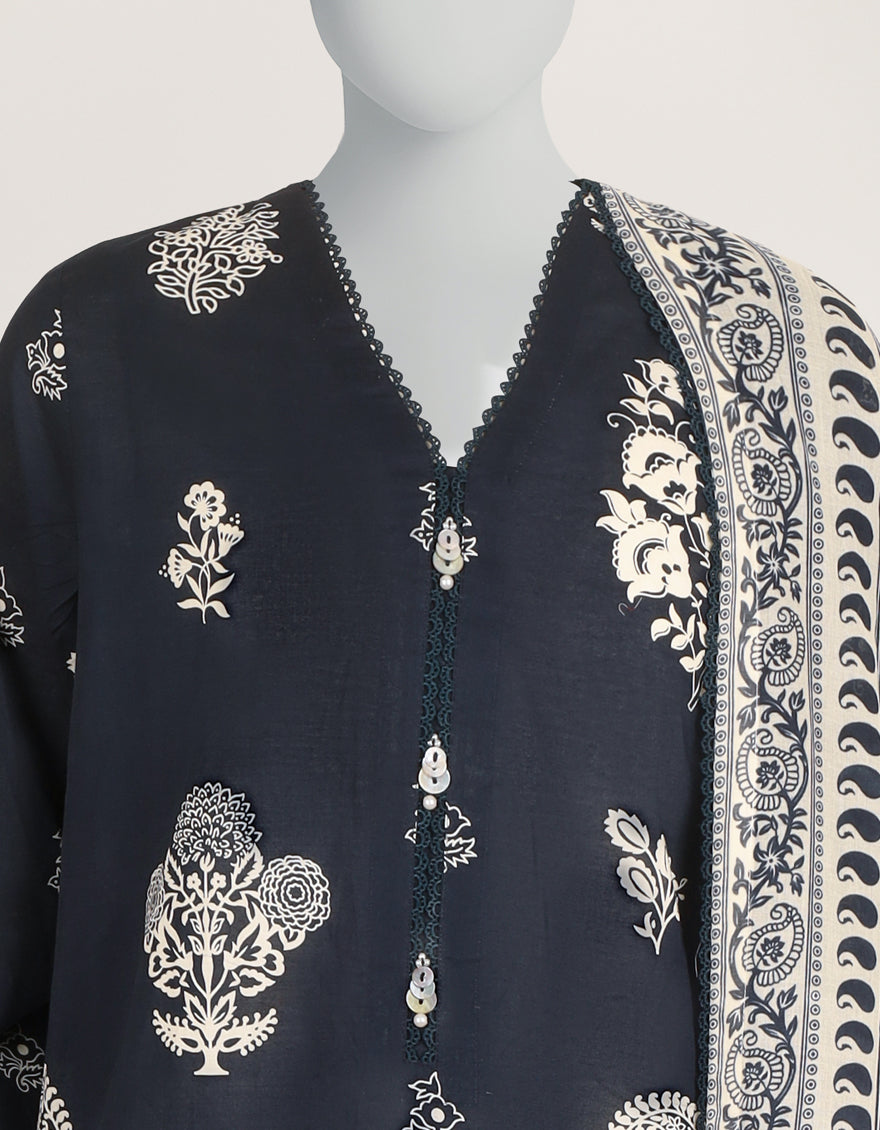 BLUE LAWN PRINTED STITCHED 3PC