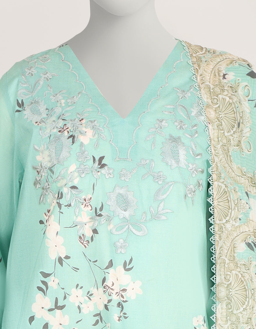SEA GREEN EMBROIDERED STITCHED 3PC
