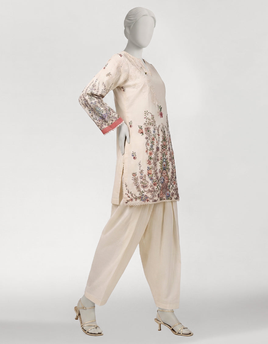 CREAM LAWN EMBROIDERED STITCHED 3PC