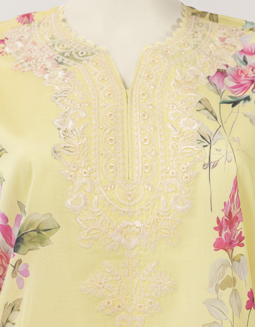YELLOW LAWN EMBROIDERED STITCHED 3PC