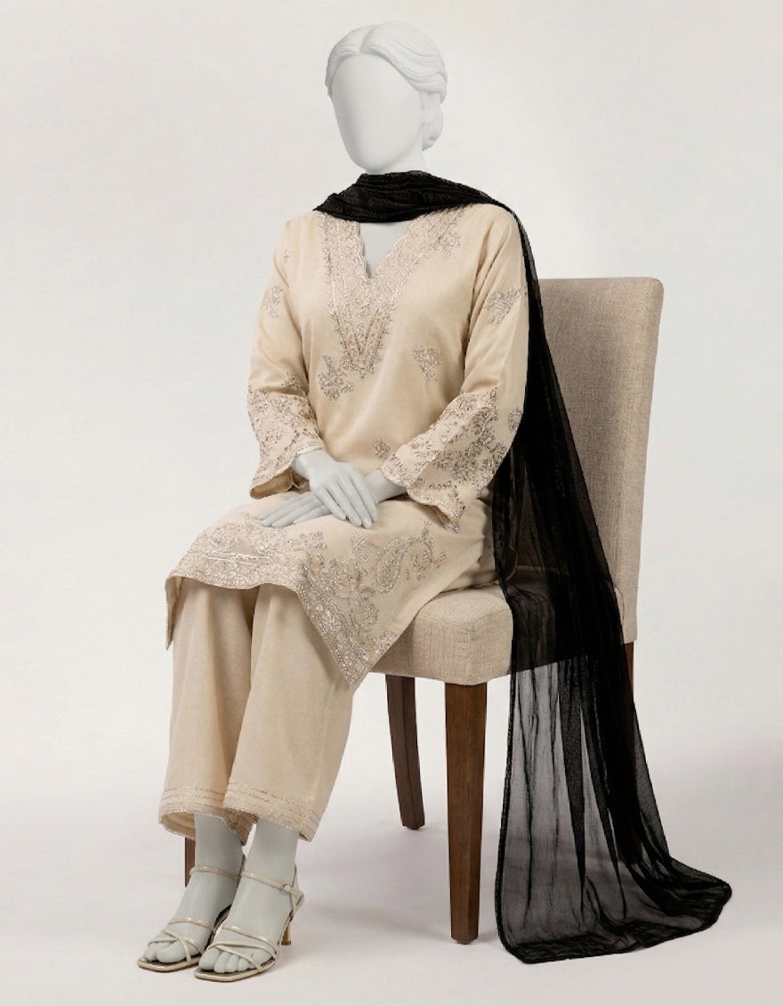 BEIGE RAW SILK EMBROIDERED STITCHED 3PC