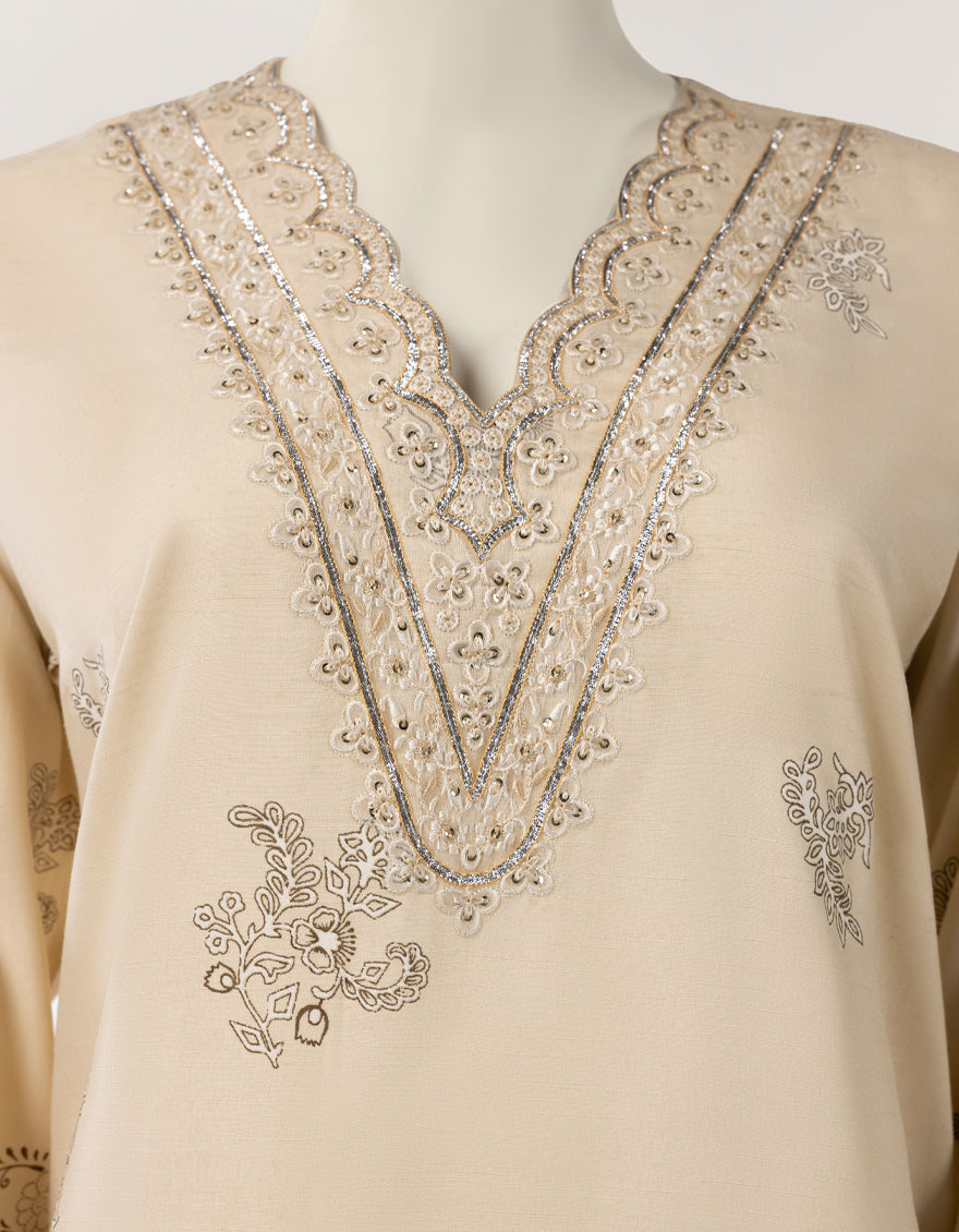 BEIGE RAW SILK EMBROIDERED STITCHED 3PC