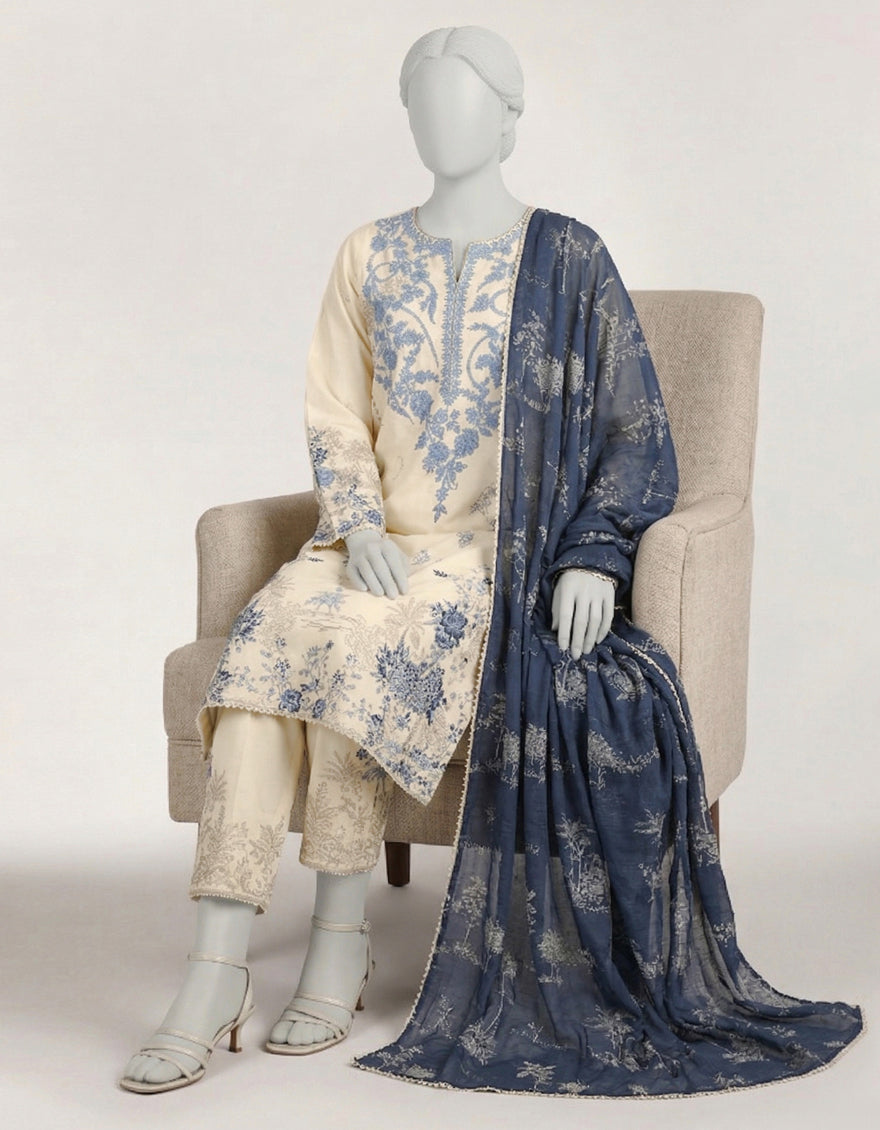 BLUE LAWN EMBROIDERED STITCHED 3PC
