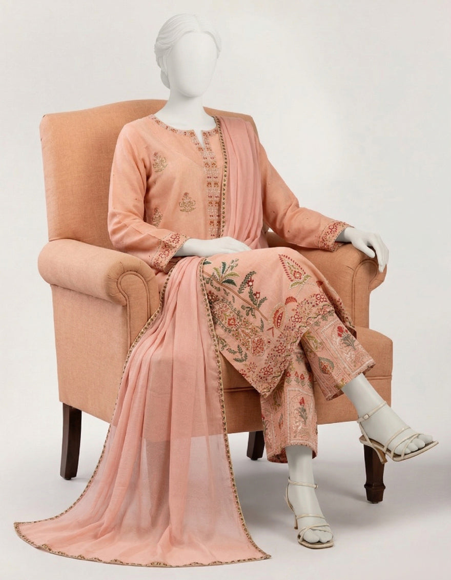 PEACH MAPLE SILK EMBROIDERED STITCHED 3PC