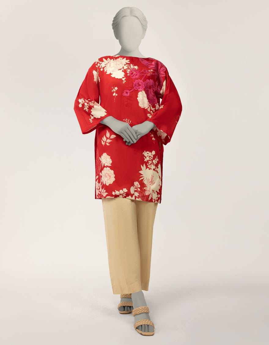 RED LAWN EMBROIDERED KURTA