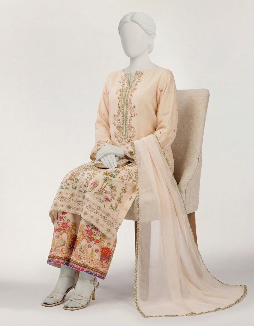 CREAM MAPLE SILK EMBROIDERED STITCHED 3PC