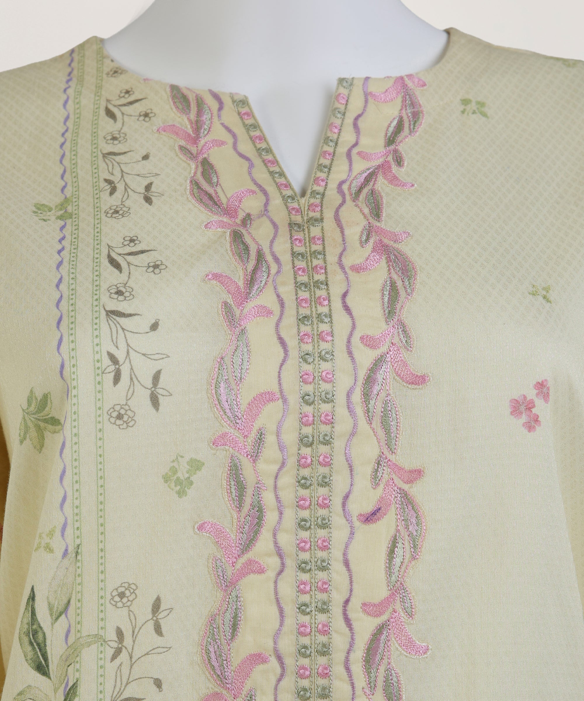 Yellow Dobby Embroidered Stitched 3Pc