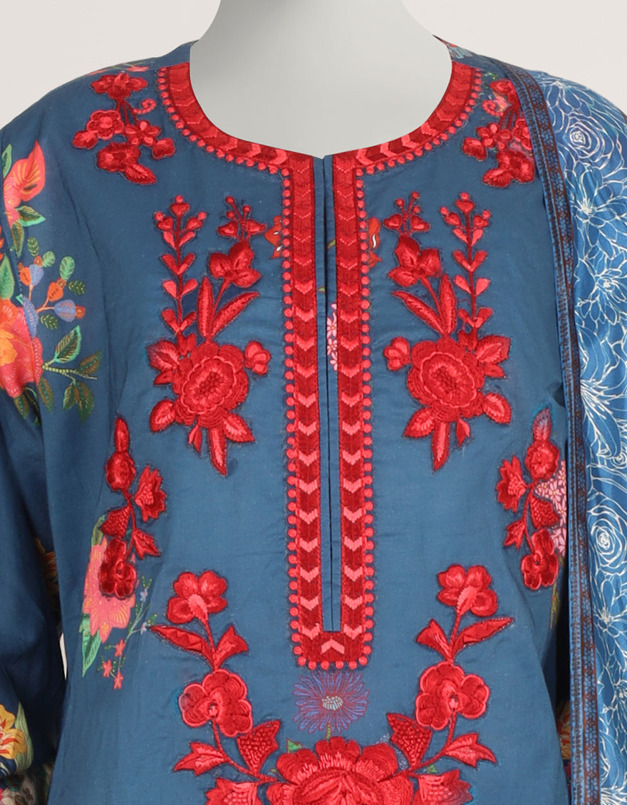 BLUE LAWN EMBROIDERED STITCHED 3PC