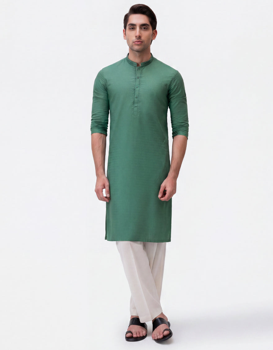 GREEN COTTON SEMI-FORMAL KURTA