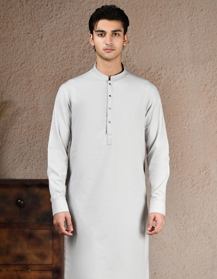 ASH WHITE BLENDED KURTA TROUSER | JJKP-A-33206