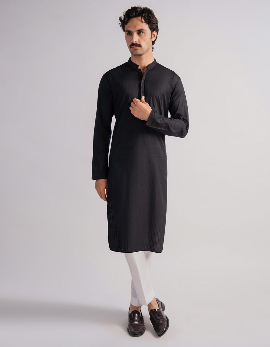 BLACK COTTON SEMI-FORMAL KURTA TROUSERS
