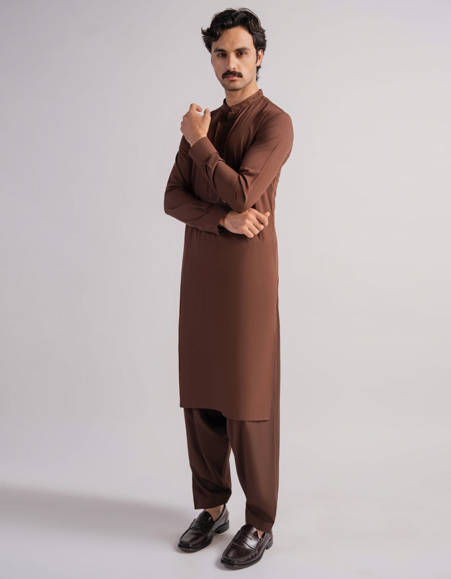BROWN SEMI-FORMAL KAMEEZ SHALWAR