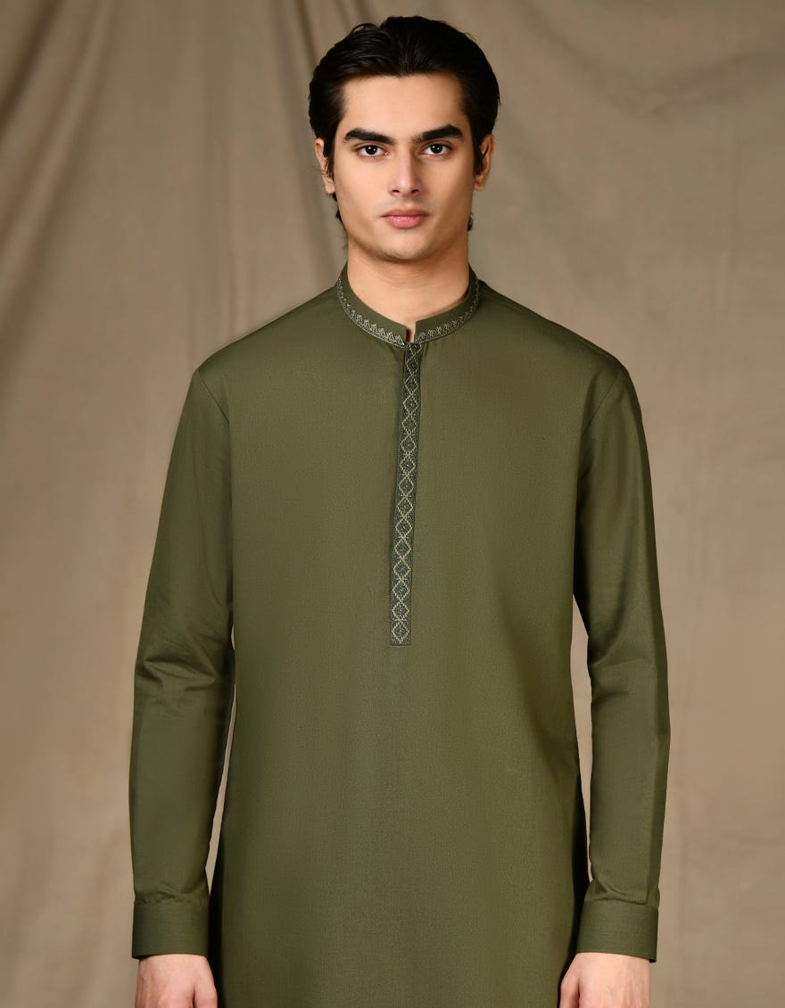 ARMY GREEN BLENDED KAMEEZ SHALWAR | JTKS-S-34663