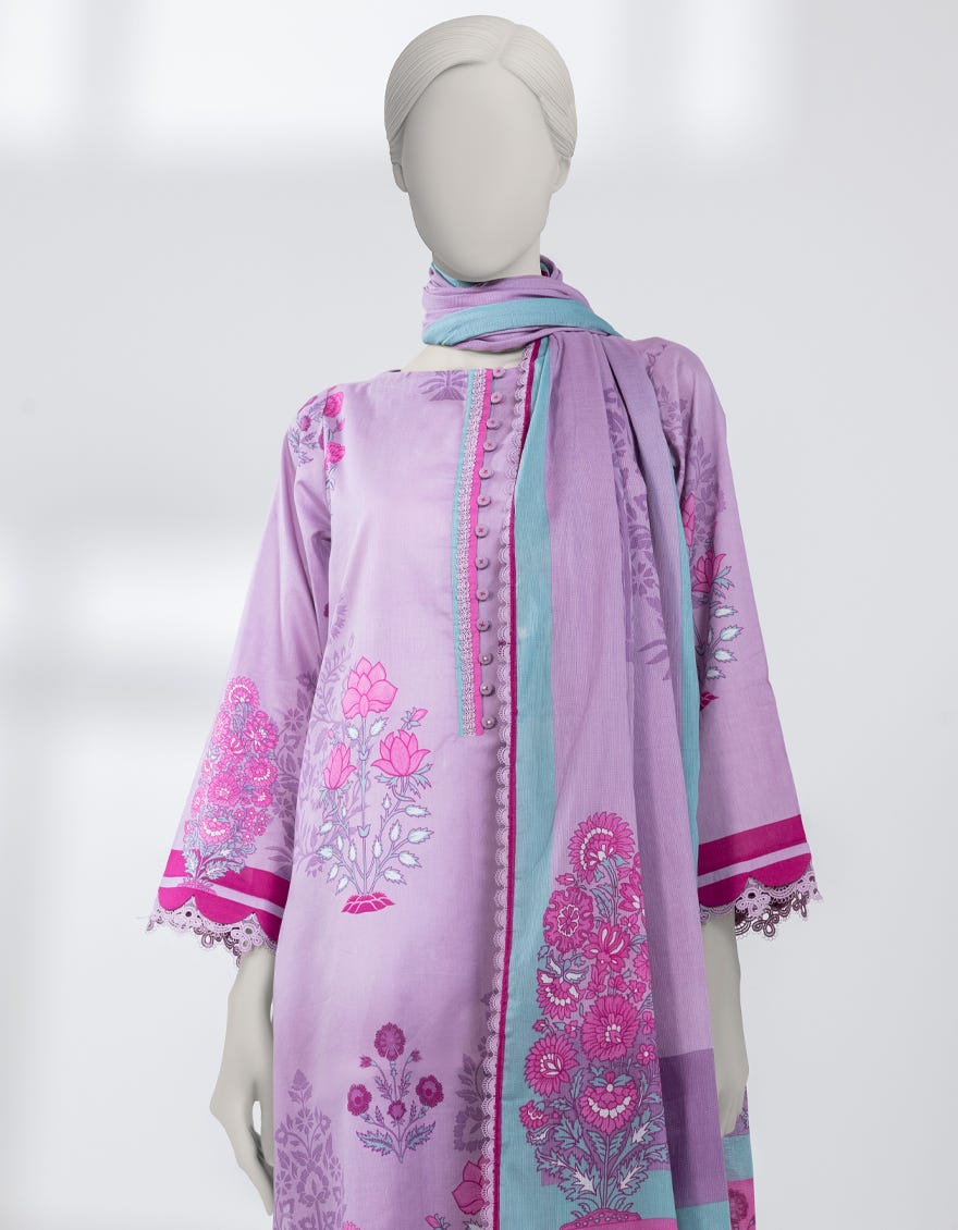 PURPLE LAWN PRINTED UNSTITCHED 3PC