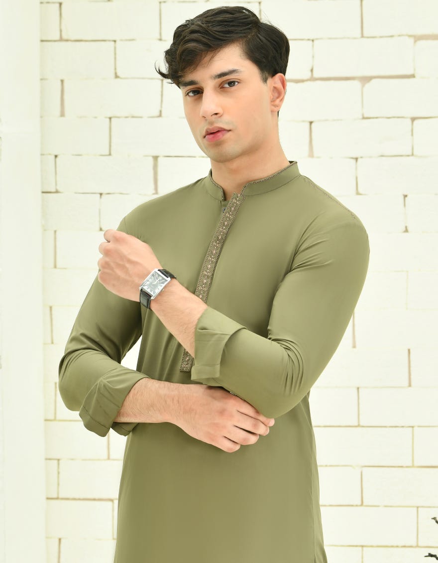 ARMY GREEN BLENDED KAMEEZ SHALWAR | JTKS-S-34705