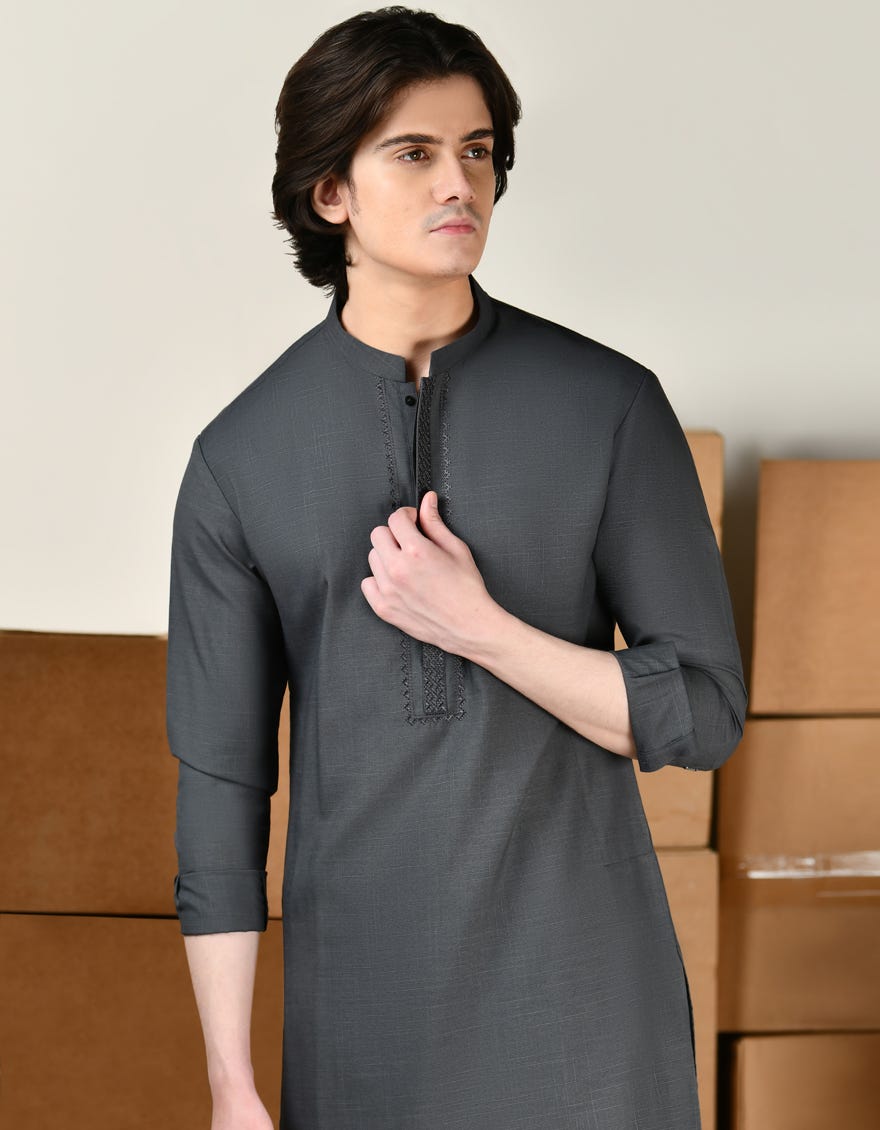 STONE GREY BLENDED KURTA PAJAMA | JTKP-A-34787