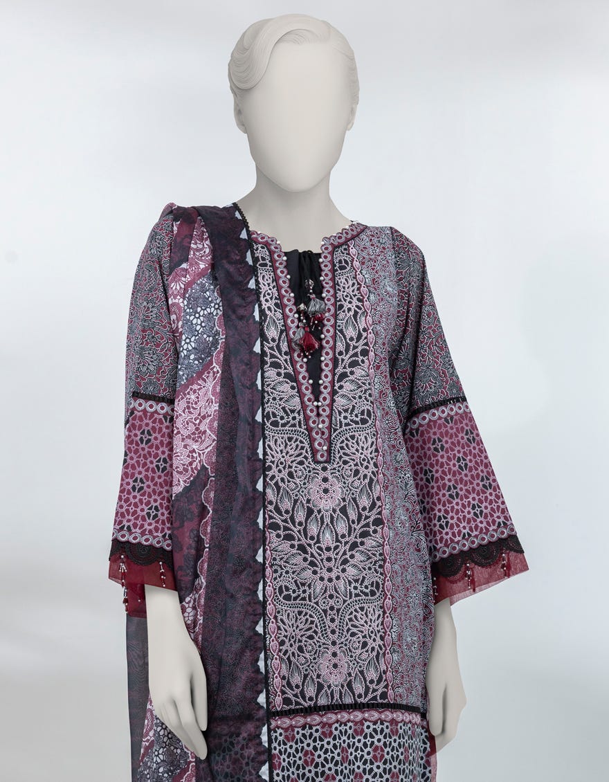 BLACK LAWN PASTE PRINTED UNSTITCHED 3PC