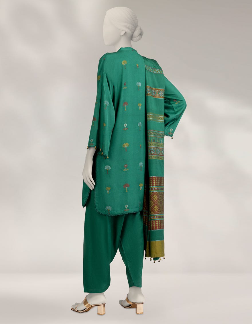 GREEN LINEN JACQUARD UNSTITCHED 3PC
