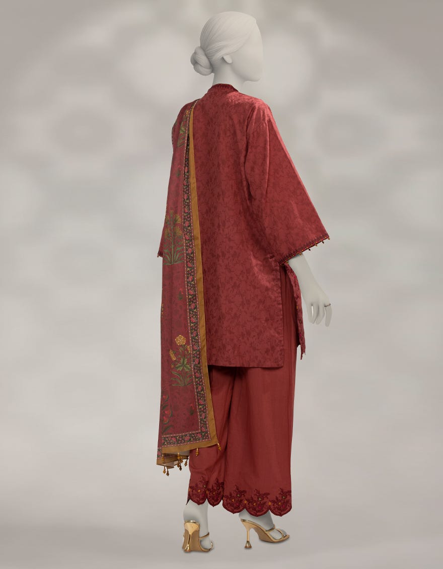 RED DOBBY EMBROIDERED UNSTITCHED 3PC