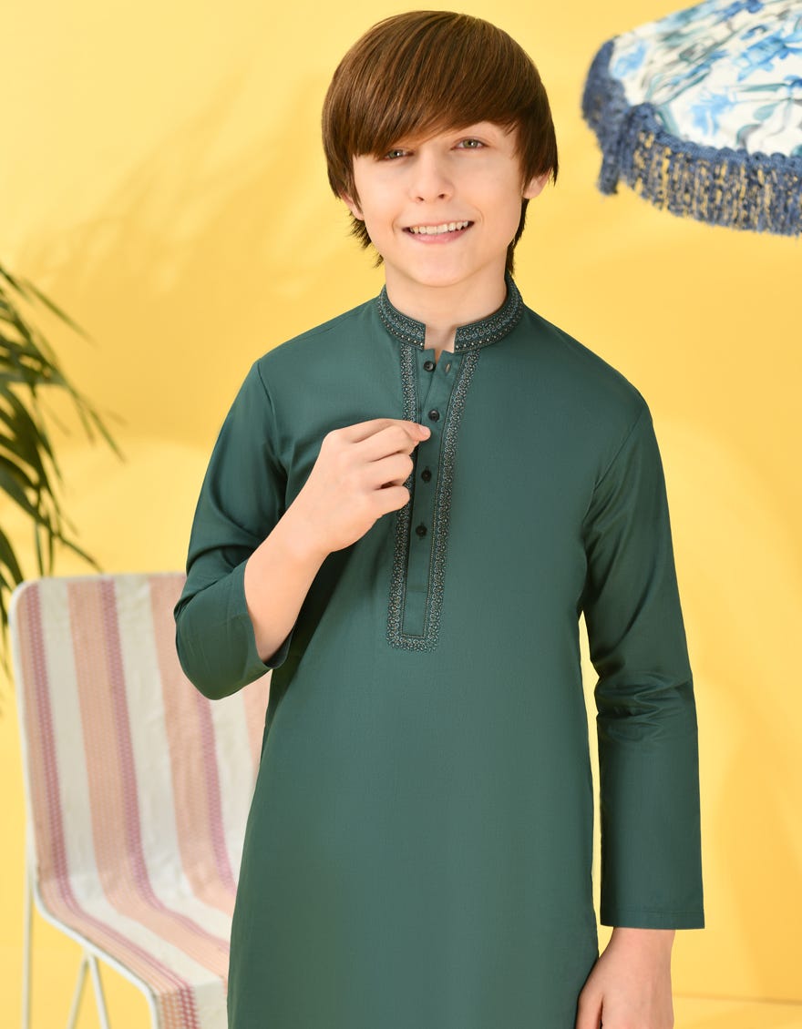 BOTTLE GREEN COTTON KURTA | JCK-S-38977