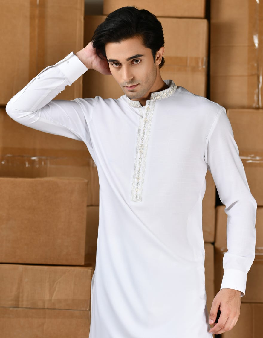WHITE BLENDED KAMEEZ SHALWAR | JTKS-A-39145