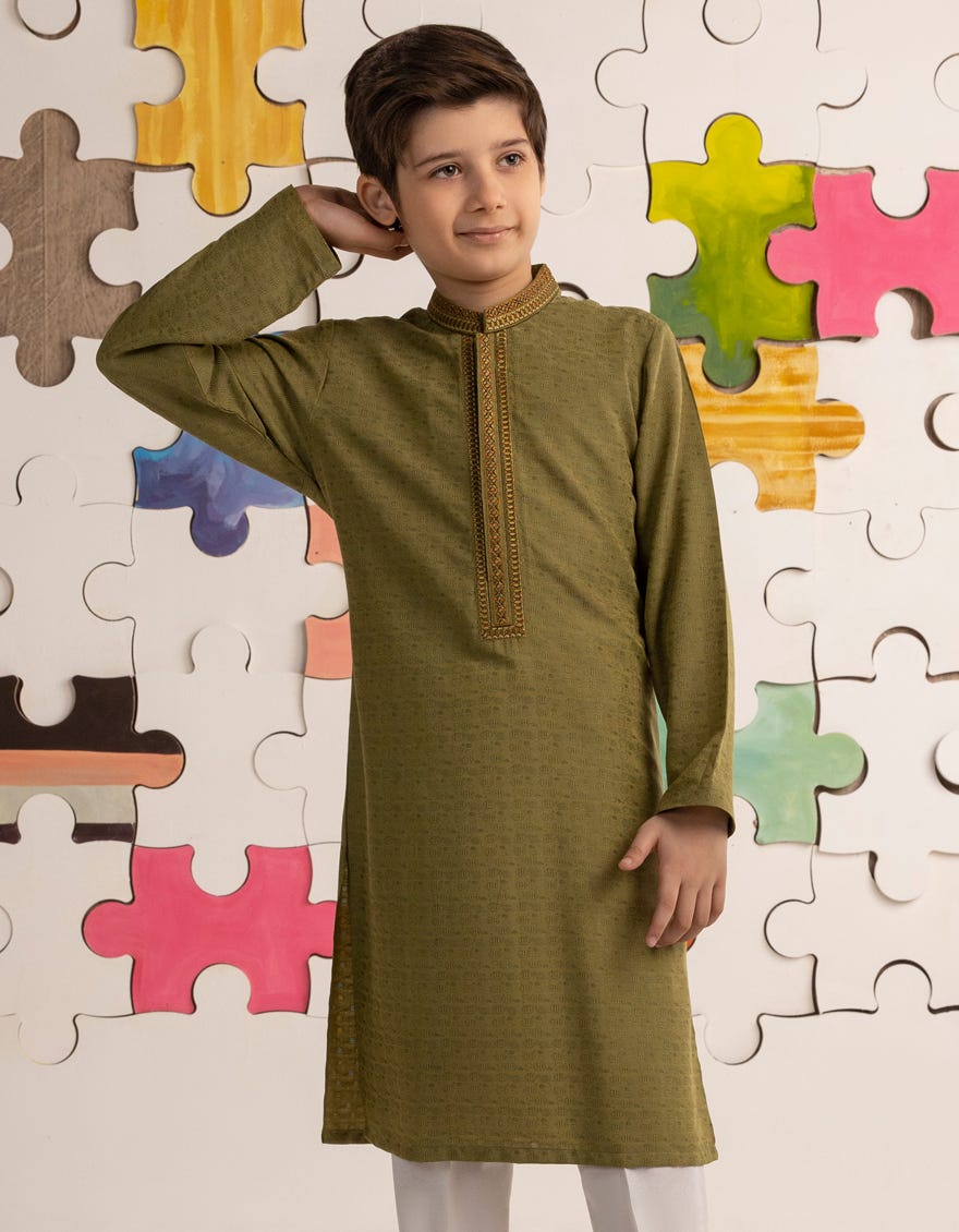 MEHNDI GREEN BLENDED BOYS KURTA | JCK-A-39170