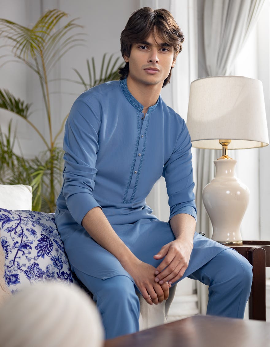 LIGHT BLUE SEMI-FORMAL KURTA TROUSER