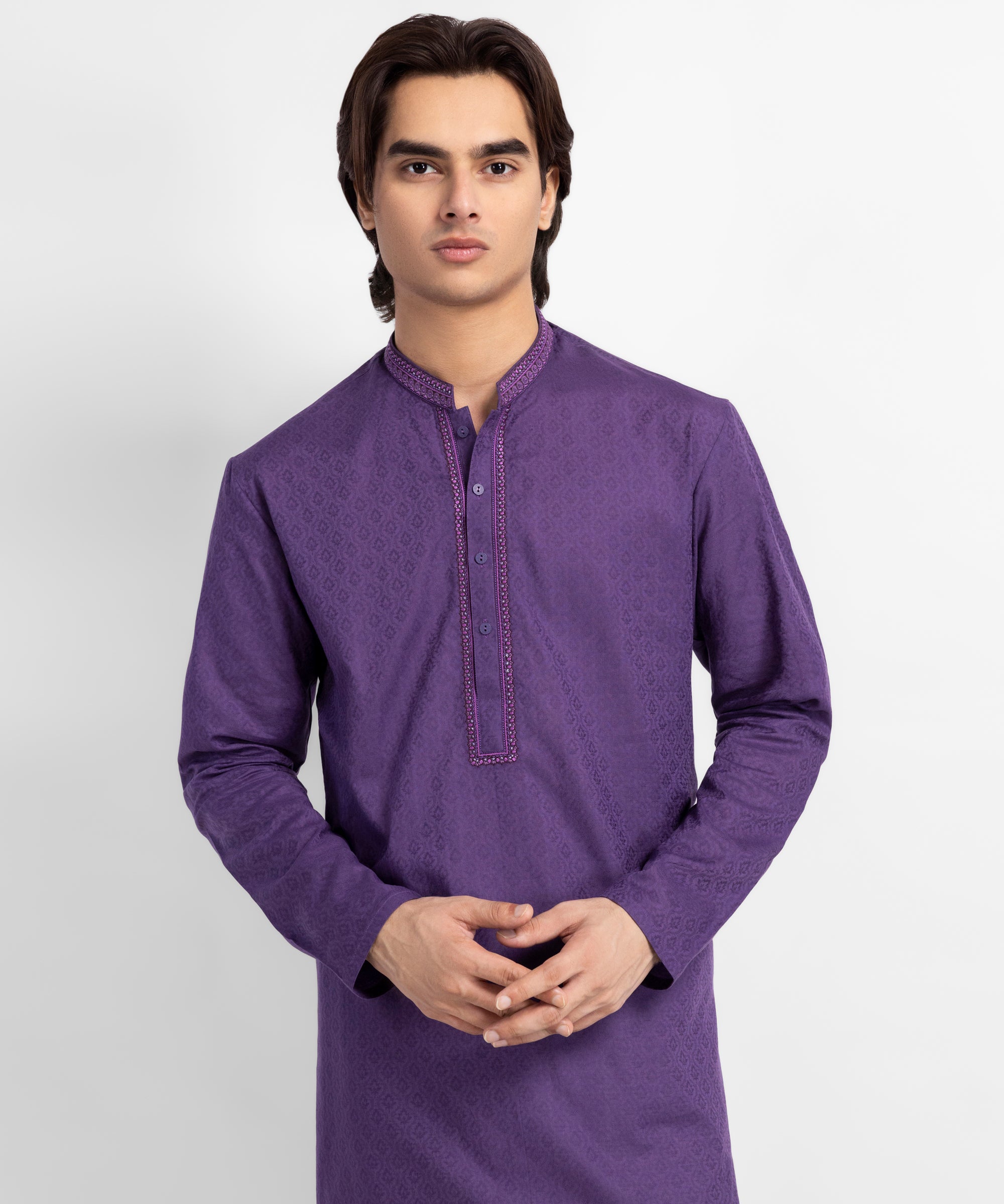 Purple Cotton Semi-Formal Jacquard Kurta