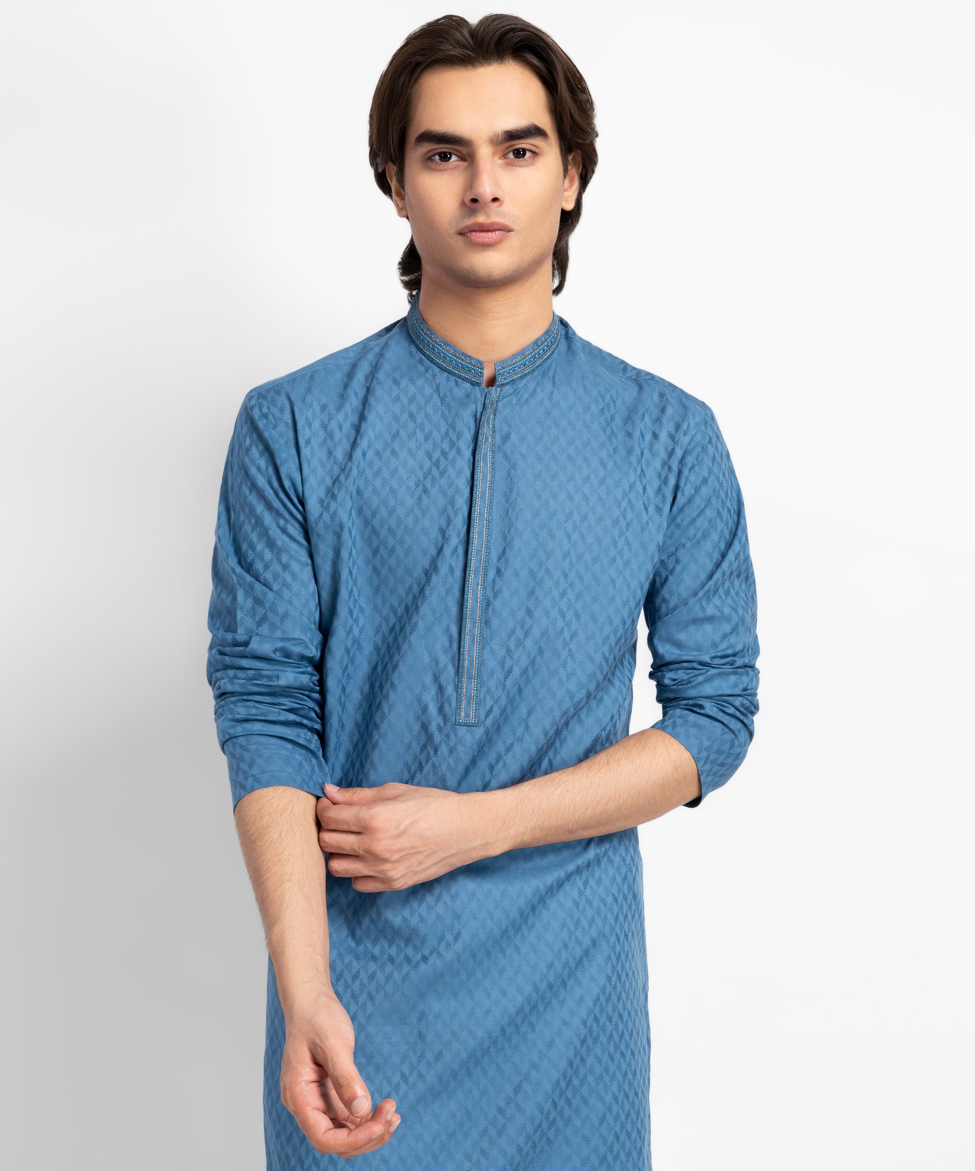 Blue Cotton Semi-Formal Jacquard Kurta