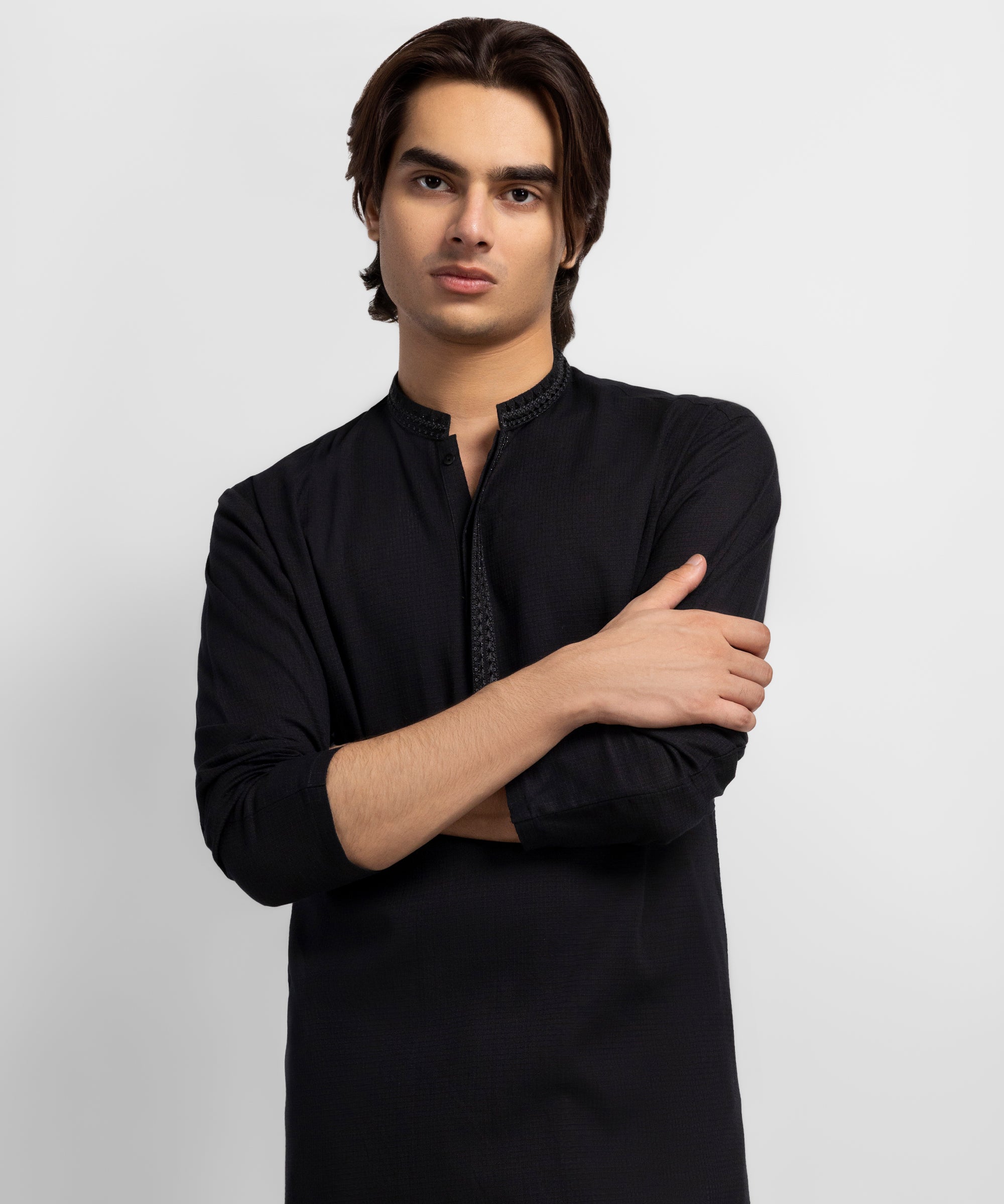 Black Cotton Semi-Formal Kurta