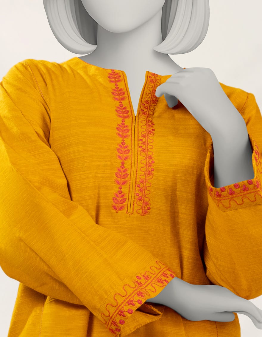 YELLOW EMBROIDERED KHADDAR KURTA