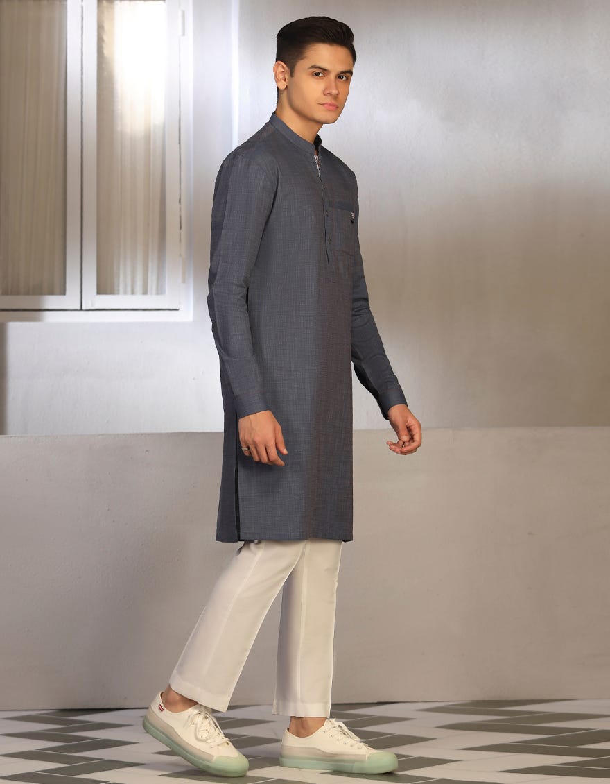 HATCHED BLUE COTTON KURTA | JTK-W-46016