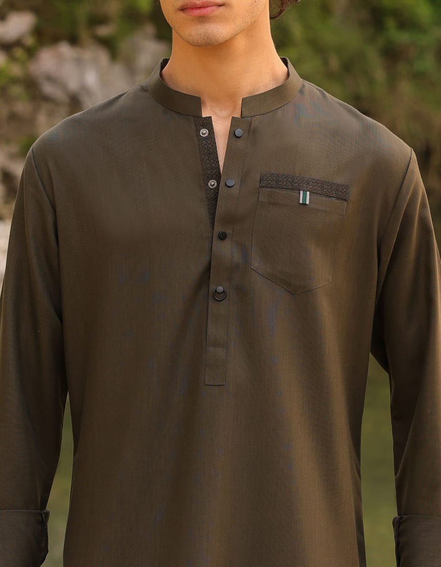 ARMY GREEN POLYESTER KURTA PAJAMA | JTKP-S-46157