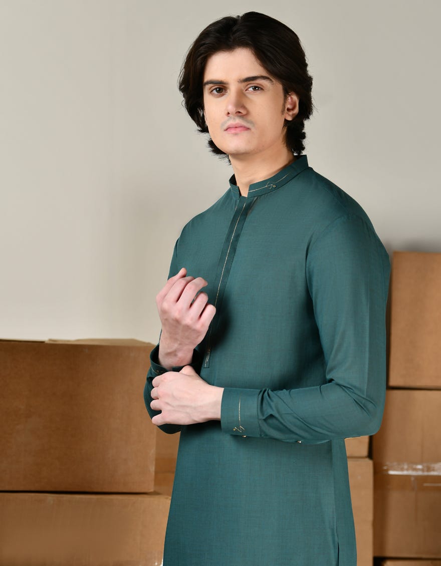DARK GREEN BLENDED KAMEEZ SHALWAR | JTKS-S-46421