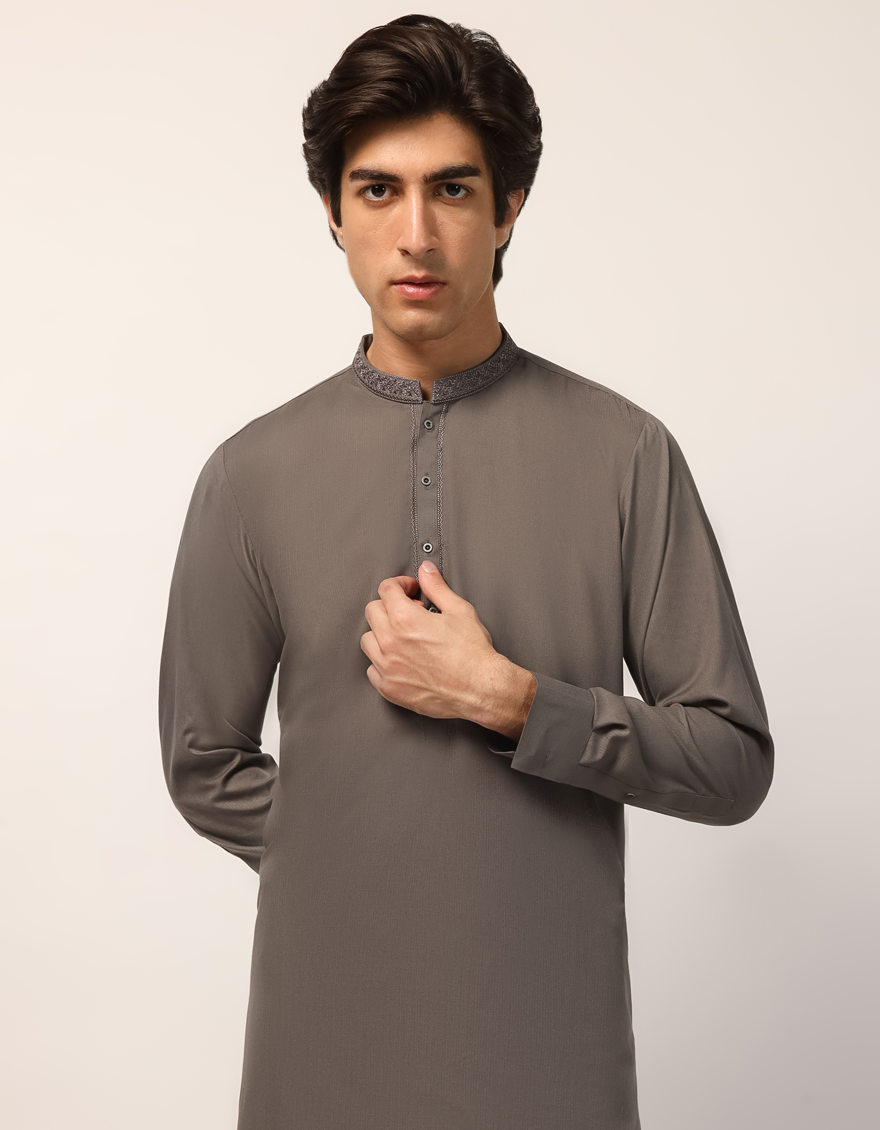 GREY POLYESTER SEMI-FORMAL KAMEEZ SHALWAR