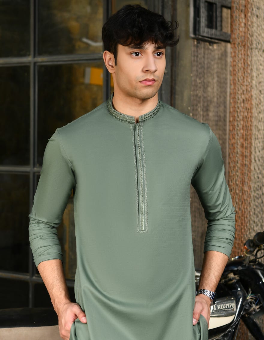 OLIVE GREEN COTTON KAMEEZ SHALWAR | JTKS-S-47044