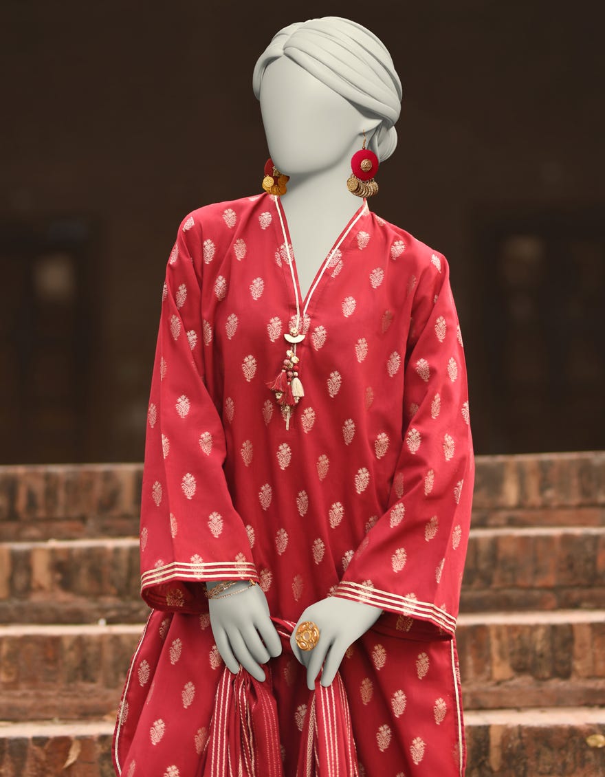 RED JACQUARD DYED UNSTITCHED 3PC | JLAWN-S-25-3207