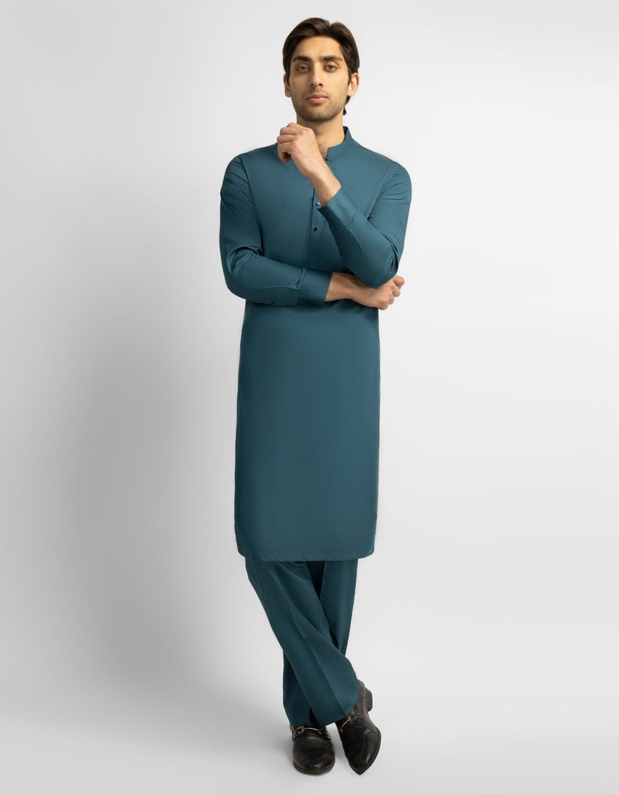 TURQUOISE COTTON PLAIN KURTA TROUSERS