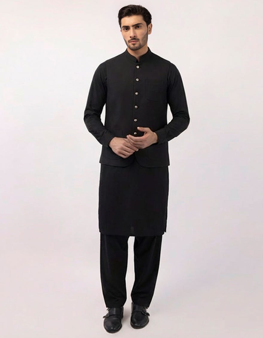 BLACK PLAIN KAMEEZ SHALWAR + WAISTCOAT