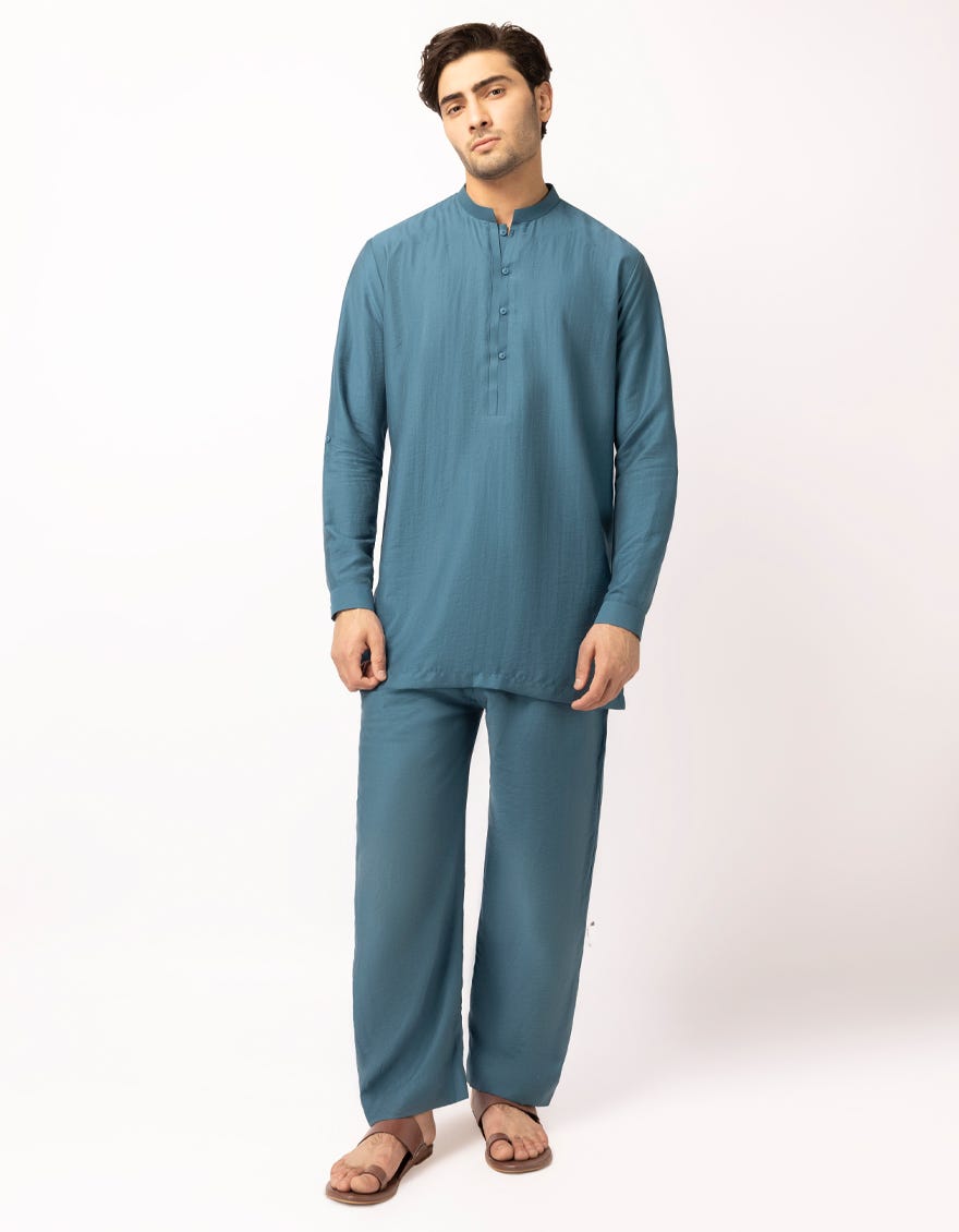 TEAL BLUE CASUAL SHORT KURTA TROUSERS