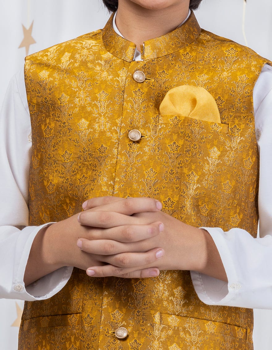 GOLD KAMEEZ SHALWAR + WAISTCOAT | JCKPVC-A-48091