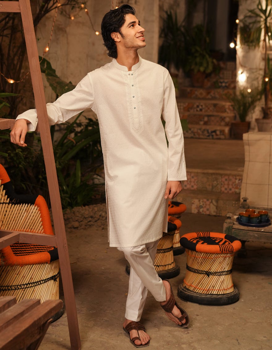 WHITE SCHIFFLI COTTON FORMAL KURTA