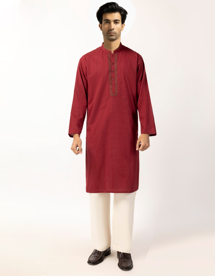MAROON COTTON SEMI-FORMAL KURTA TROUSERS