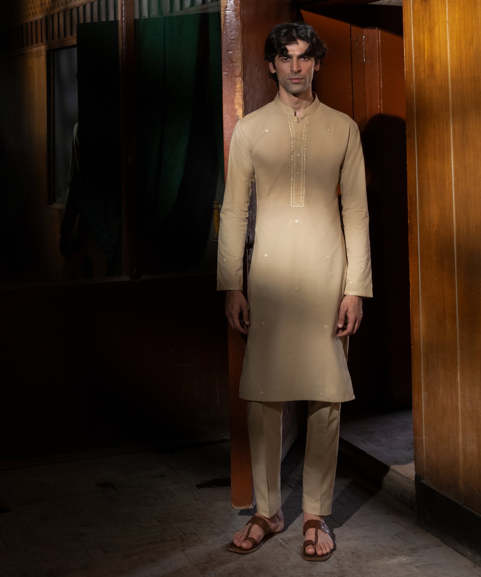 KHAKI COTTON FORMAL KURTA TROUSERS