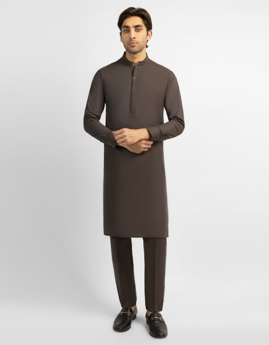 BROWN COTTON PLAIN KURTA TROUSERS