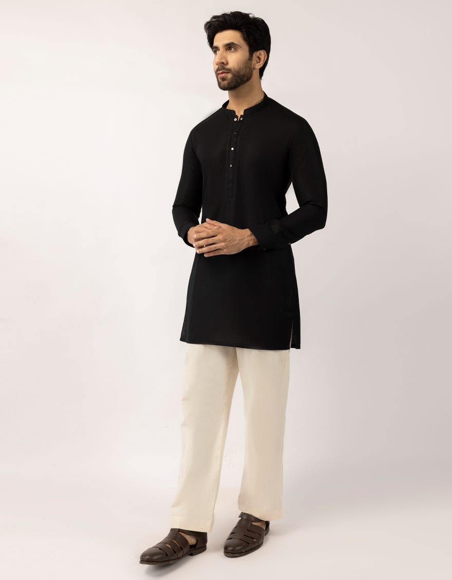 BLACK COTTON SEMI-FORMAL SHORT KURTA