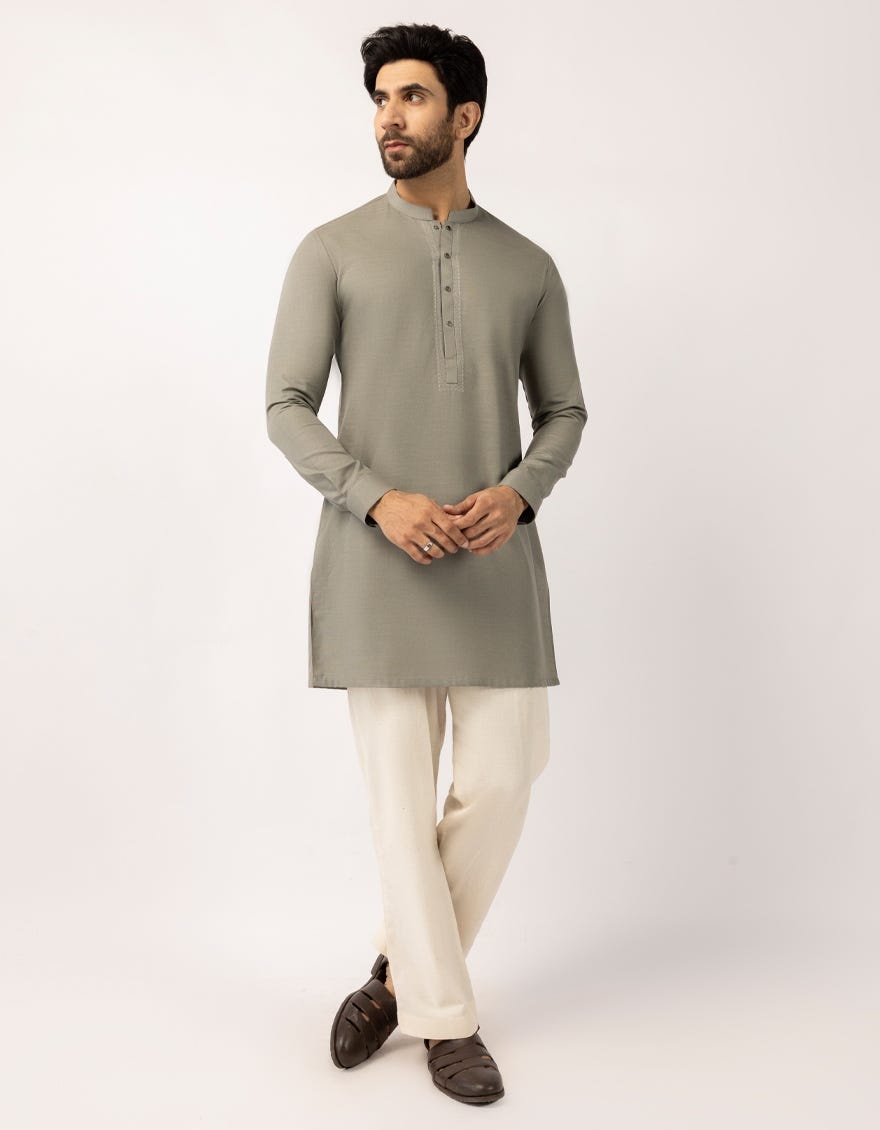 OLIVE COTTON SEMI-FORMAL SHORT KURTA
