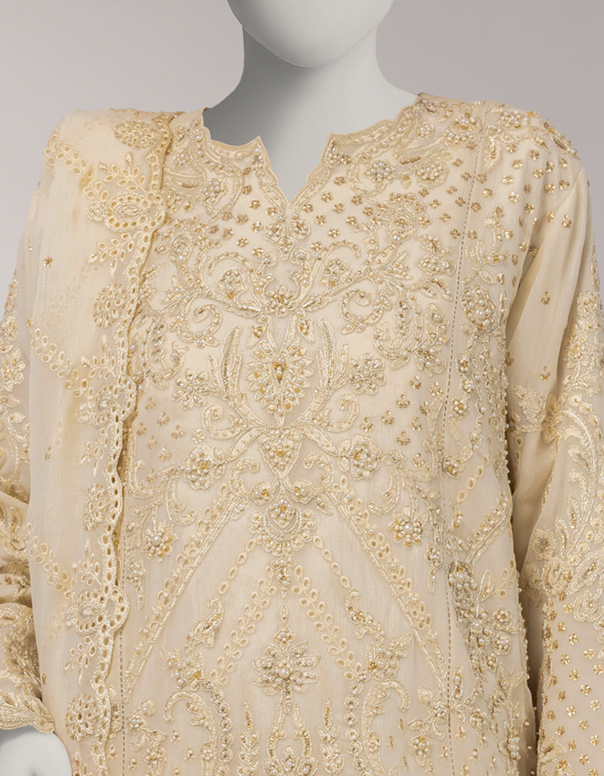 Cream Chiffon Embroidered Unstitched 3Pc